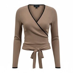Laundry By Shelli Segal Taupe Wrap V-Neck Sweater with Black Trim Tie
